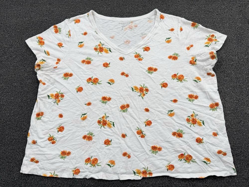 Old Navy Women’s EveryWear Casual White Cotton Tee V-Neck Yellow Floral Size XXL